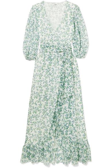 Ganni Tilden Floral-print Mesh Wrap Dress In Sky Blue | ModeSens